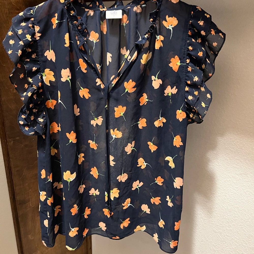 CAbi Blue and Orange Puff Sleeve Blouse with Mandarin Collar